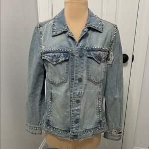 BlankNYC Pearl/Rhinestone Studded Distressed Jean Jacket